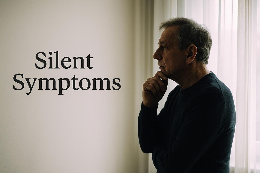 An older man in profile, with his hand on his chin in thought, stands next to a wall with the words 'Silent Symptoms' written on it. He is looking towards a window with sheer white curtains.