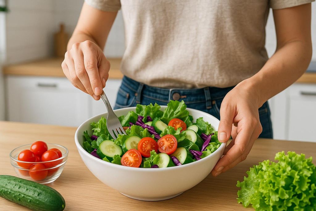 A person, wearing a beige t-shirt and blue jeans, stands in a kitchen and uses a fork to mix a large white bowl of green salad with sliced cucumbers, cherry tomatoes, and red cabbage. Fresh lettuce and a bowl of cherry tomatoes are visible on the wooden counter beside the salad bowl.