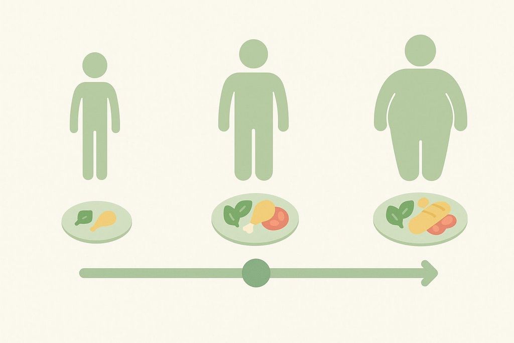 Illustration showing three body types and corresponding plate sizes, representing cut, lean bulk, and bulk approaches.