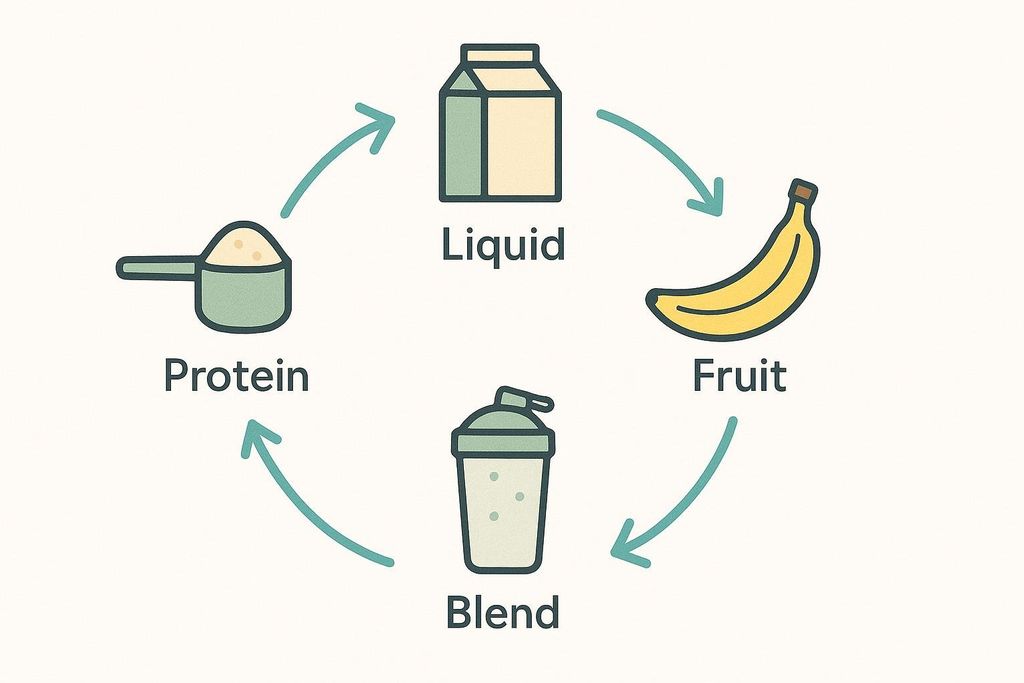 A circular diagram illustrating the steps to make a protein smoothie. The steps, connected by green arrows, are: Protein (represented by a scoop of powder), Liquid (represented by a milk carton), Fruit (represented by a banana), and Blend (represented by a shaker bottle).