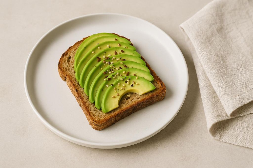 A slice of avocado toast, topped with sliced avocado and various seeds, resting on a white plate next to a folded linen napkin.
