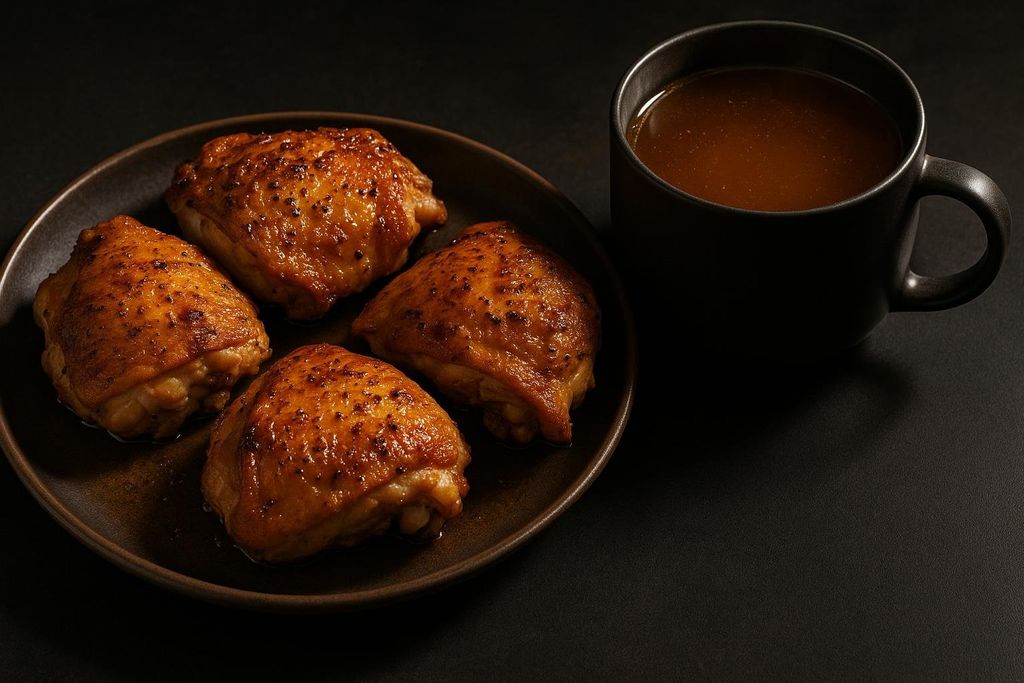 Four golden-brown, crispy chicken thighs on a dark plate next to a black mug filled with rich bone broth, all set against a dark background.