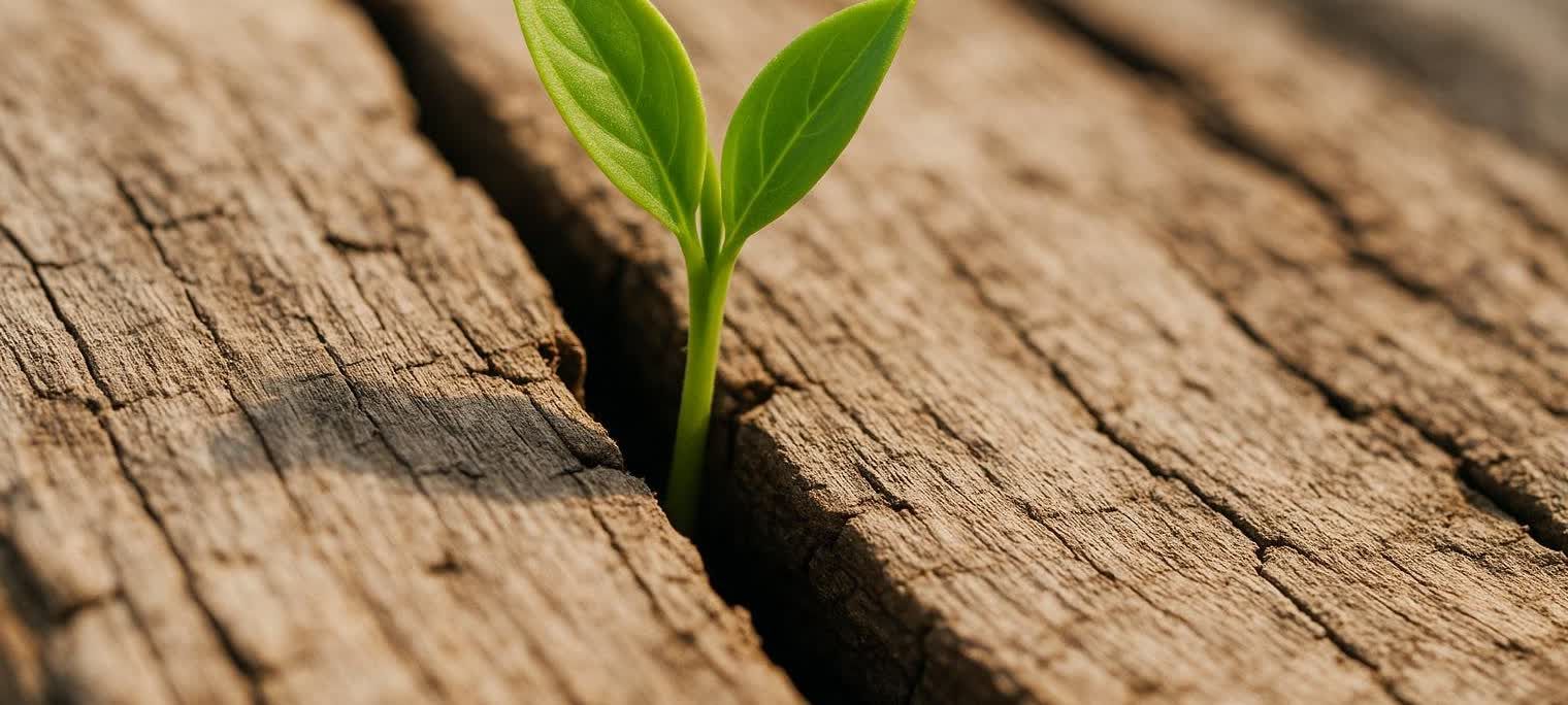 A close-up shot of a vibrant green sprout with two leaves emerging from a crack in weathered, dry brown wood, symbolizing new life or regeneration.