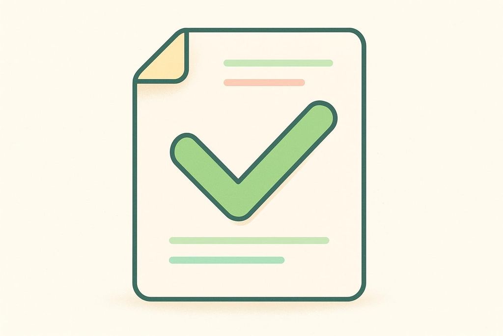 An illustration of a document with a green checkmark indicating approval or completion, and horizontal lines suggesting text.