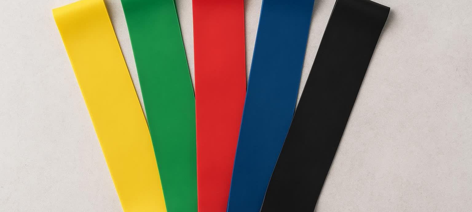 A set of five colorful resistance bands fanned out on a flat surface, showing the different levels of tension available, from yellow (lightest) to black (heaviest).