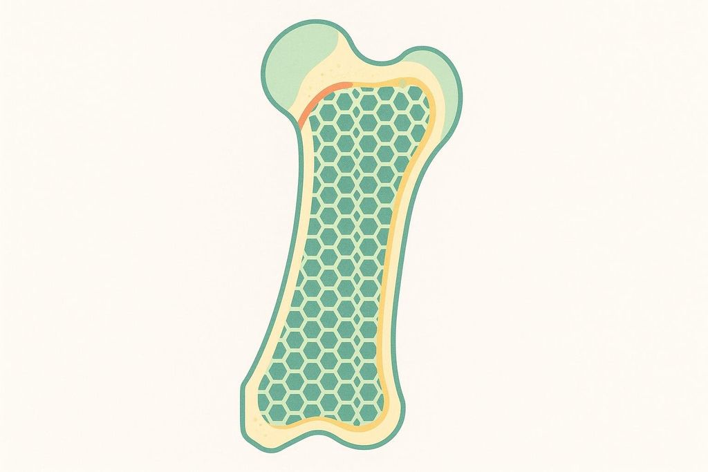 Illustration of a healthy bone cross-section, showing a strong interior filled with green honeycomb patterns, representing the cancellous bone structure.