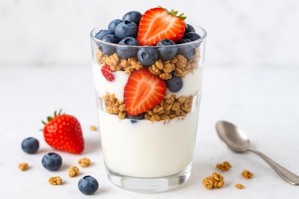 A delicious and healthy Greek yogurt parfait layered with berries and granola in a clear glass.