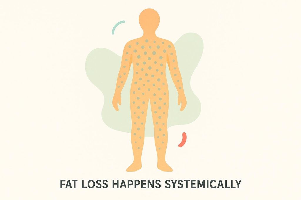 An illustration of a human body covered in uniform dots, against a light background with abstract shapes, and the text 'FAT LOSS HAPPENS SYSTEMICALLY' to show fat loss is not localized.