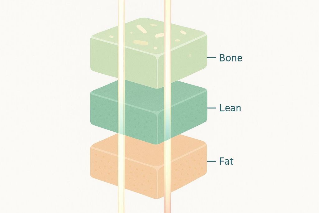 Illustration showing how DEXA works, with two energy beams passing through blocks representing bone, lean tissue, and fat.