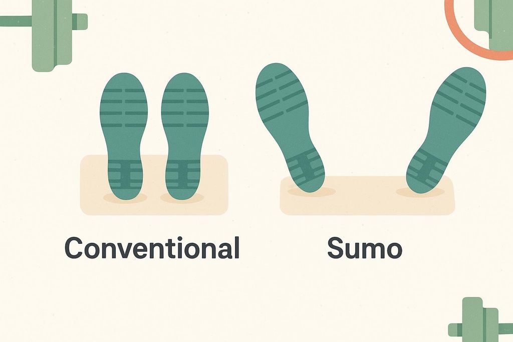 Illustration comparing two different foot placements: 'Conventional' shows two footprints close together and parallel, while 'Sumo' shows two footprints further apart and angled outwards, representing a wider stance.