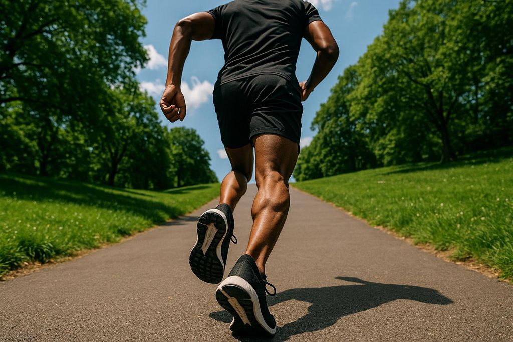 A man is shown from the waist down jogging uphill on a paved path with green trees and grass on either side.