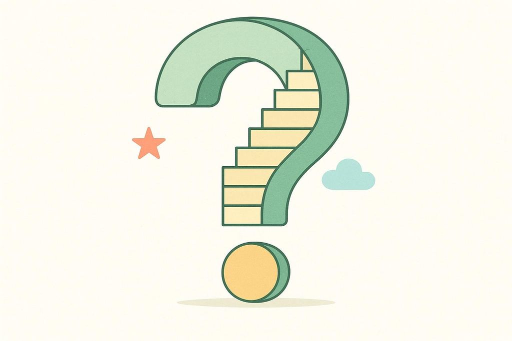 A stylized green question mark with yellow steps inside, suggesting a path to answers. A small orange star and a light blue cloud float nearby.