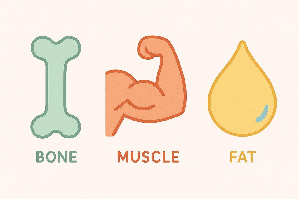 Illustration showing icons for bone, lean mass (muscle), and fat mass, representing the three components measured by DEXA.