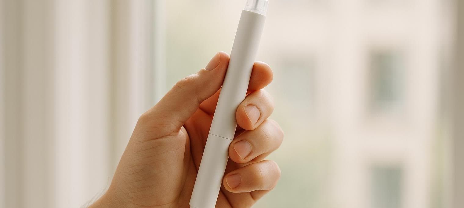 Hand holding a generic injection pen against a bright window