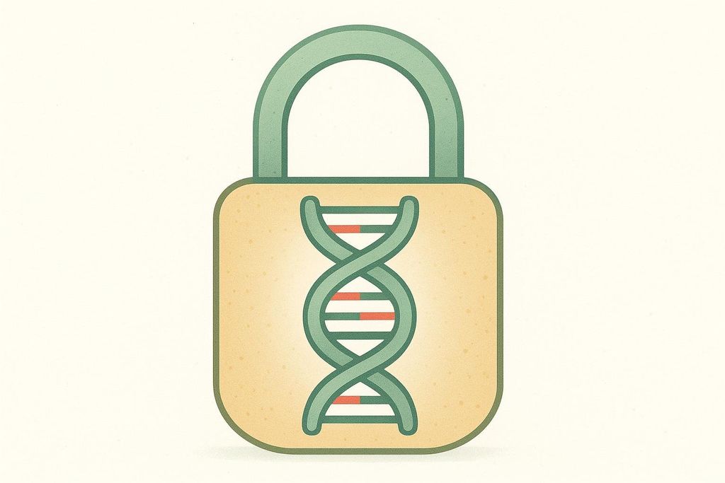 An illustration of a padlock, with the body of the padlock containing a stylized DNA double helix. The DNA strands are green, and the base pairs are represented by horizontal bars in red and white. The padlock itself is a light beige with a green shackle.