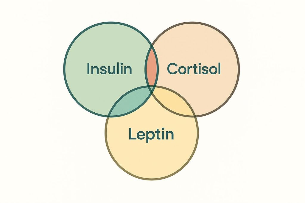 A Venn diagram showing three overlapping circles representing Insulin (green), Cortisol (tan), and Leptin (yellow). The intersections represent shared aspects between these hormones.