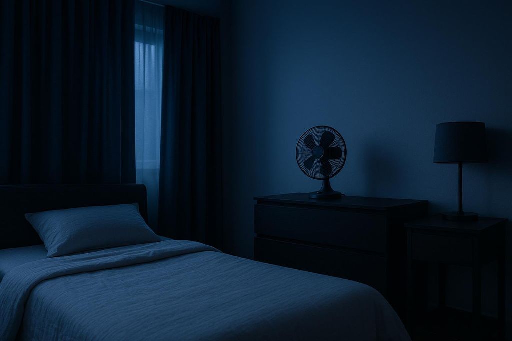 A cool, dark, and quiet bedroom optimized for sleep, with blackout curtains partially drawn, showing a sliver of light from a window, a bed with light-colored bedding, a fan on a dresser, and a lamp on a bedside table.