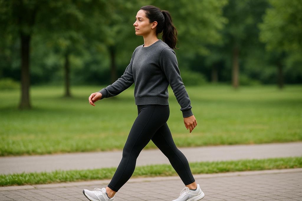 A young latina woman with dark hair in a ponytail and wearing a grey sweatshirt and black leggings walks along a paved path in a green park.