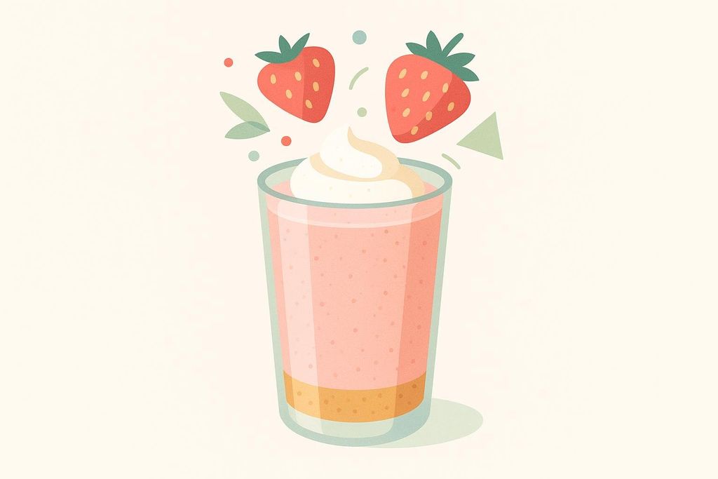 Illustration of a strawberry cheesecake dessert smoothie in a glass with whipped cream on top and two strawberries floating above it, along with small leaves and dots.