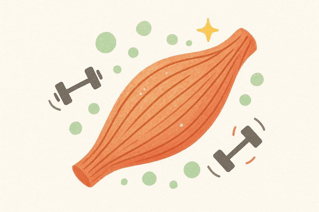 Illustration of a muscle fiber strengthening with dumbbell icons and nutrient support, symbolizing a resistance training build phase.