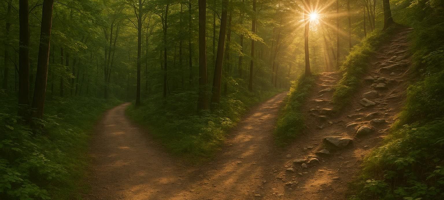 A fork in a forest path at sunset. One path is relatively flat while the other is steep and rocky. Sun rays stream through the trees on the right path.