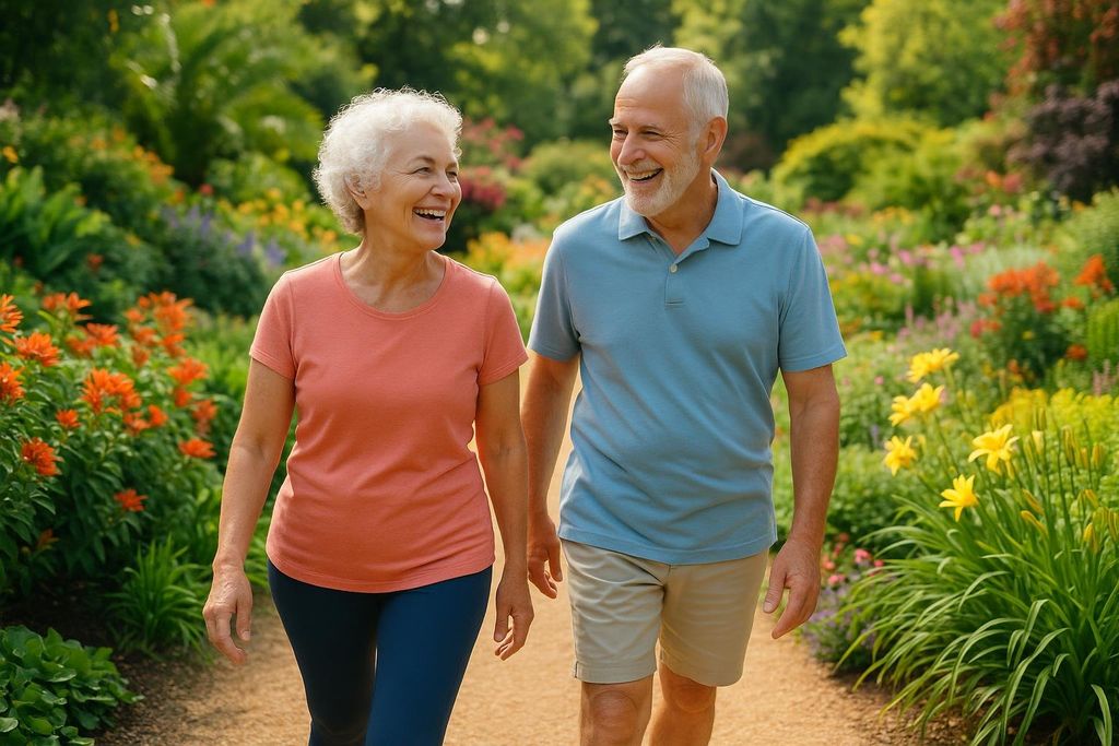 A smiling older couple, a woman with white curly hair in a coral shirt and blue leggings, and a man with a white beard in a blue polo and khaki shorts, happily walk hand-in-hand down a winding path through a vibrant, colorful garden filled with flowers and lush greenery.
