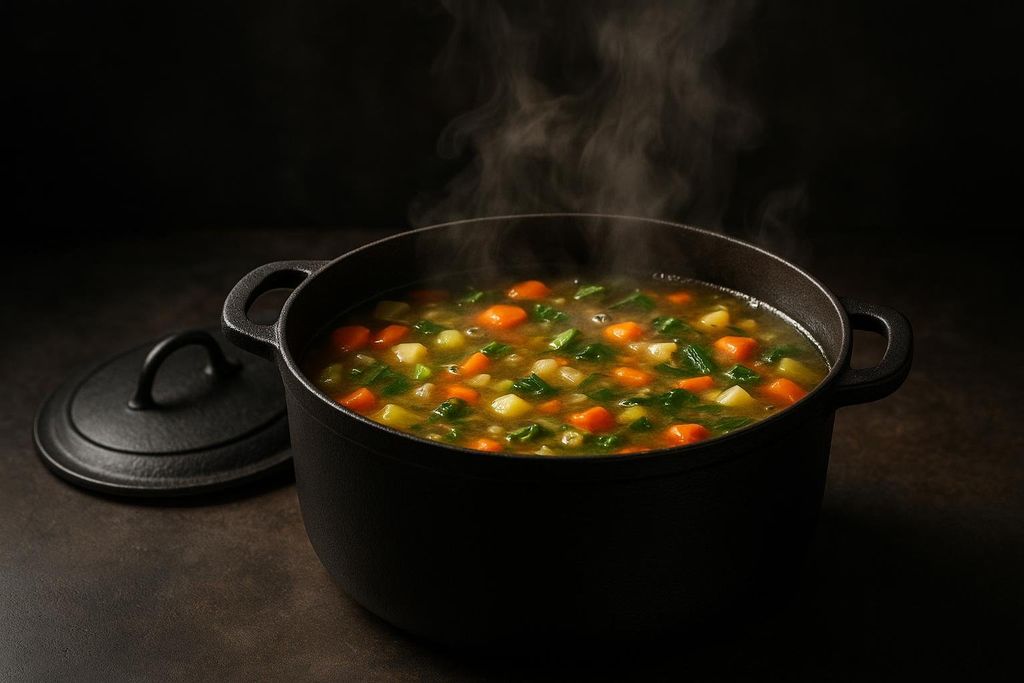 A black Dutch oven filled with simmering vegetable soup, with steam rising from the surface. The soup contains diced carrots, potatoes, and green vegetables, suggesting a rich and hearty broth. The lid of the Dutch oven is resting beside it on a dark surface.