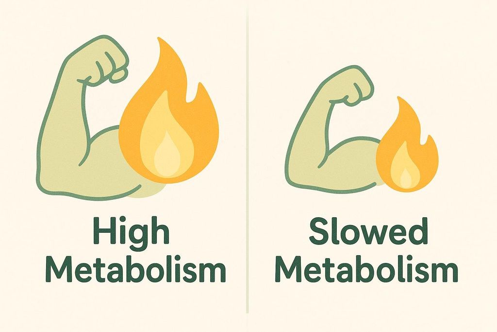Illustration showing a well-developed bicep with a large flame labeled 'High Metabolism,' and a smaller, less developed bicep with a small flame labeled 'Slowed Metabolism,' visually representing the link between muscle mass and metabolic rate.