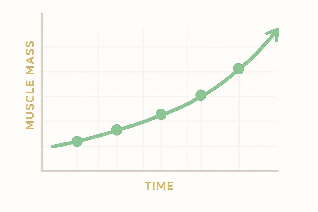 A simple line graph shows an upward trend in muscle mass over time. The x-axis is labeled 'TIME' and the y-axis is labeled 'MUSCLE MASS'. A green line with five data points curves upwards, indicating progress.
