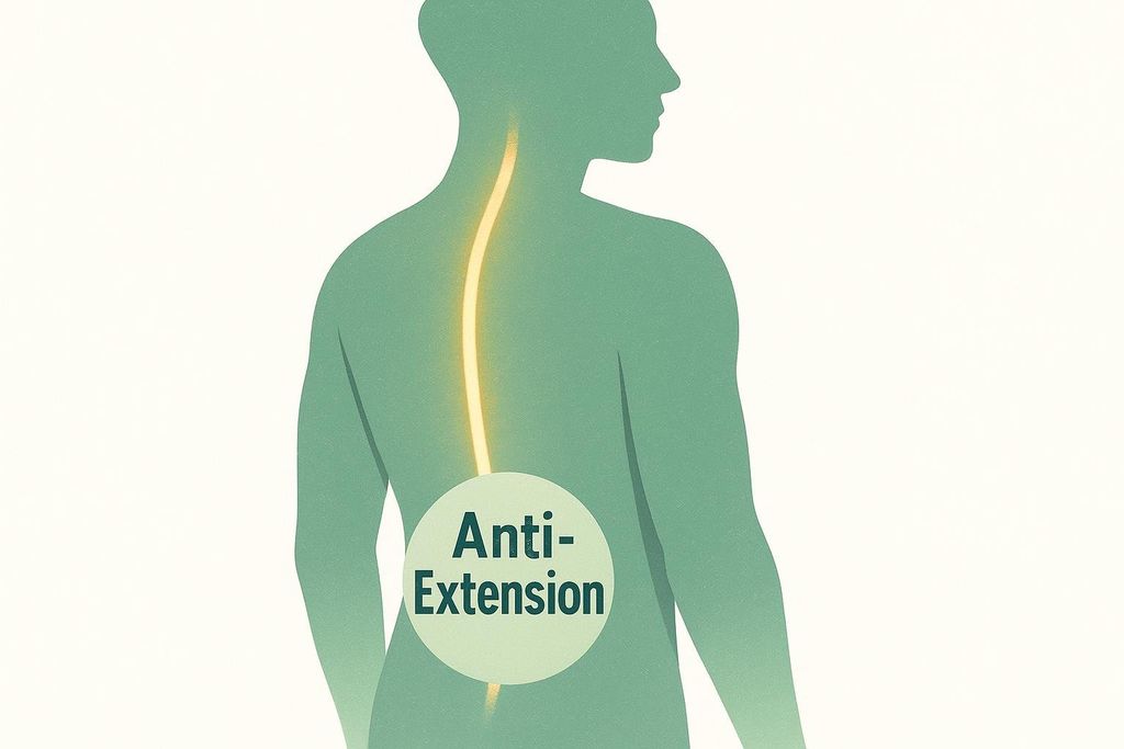 A green silhouette illustration of a human torso from the back and side, showing a glowing yellow spine labeled "Anti-Extension" in a circular text bubble over the lower back.