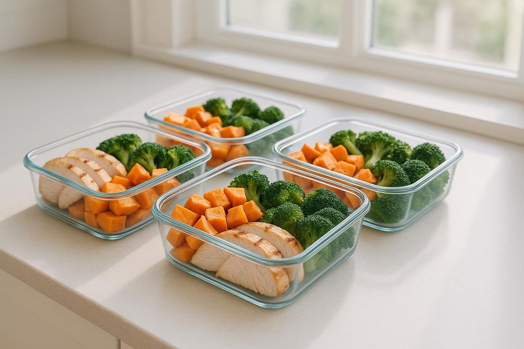 Glass meal-prep containers filled with grilled chicken, roasted sweet potatoes, and steamed broccoli.