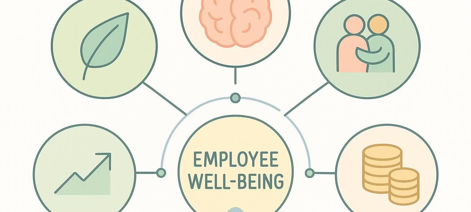 Abstract illustration of five interconnected orbs representing the pillars of employee wellness: physical (leaf), mental (brain), social (two figures), financial (coins), and growth (upward trending chart).