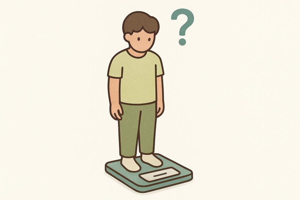 Illustration of a person standing on a scale with a large question mark floating above their head, symbolizing confusion about their weight.
