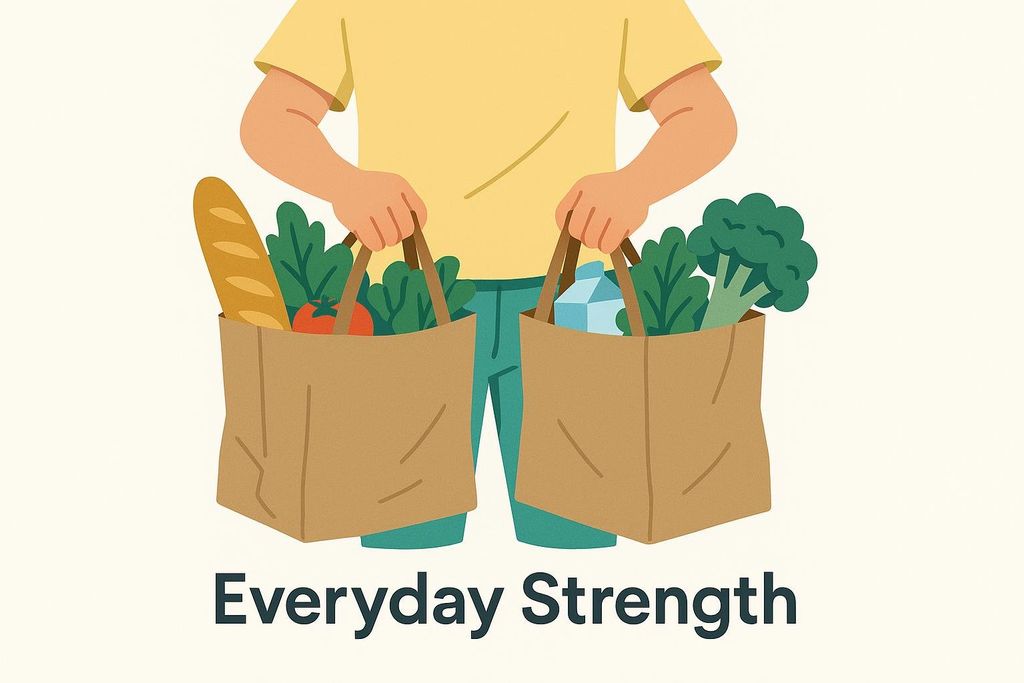 An illustration of a person holding two full brown paper grocery bags, one with bread and greens, the other with milk and broccoli. The text "Everyday Strength" is written below the illustration.