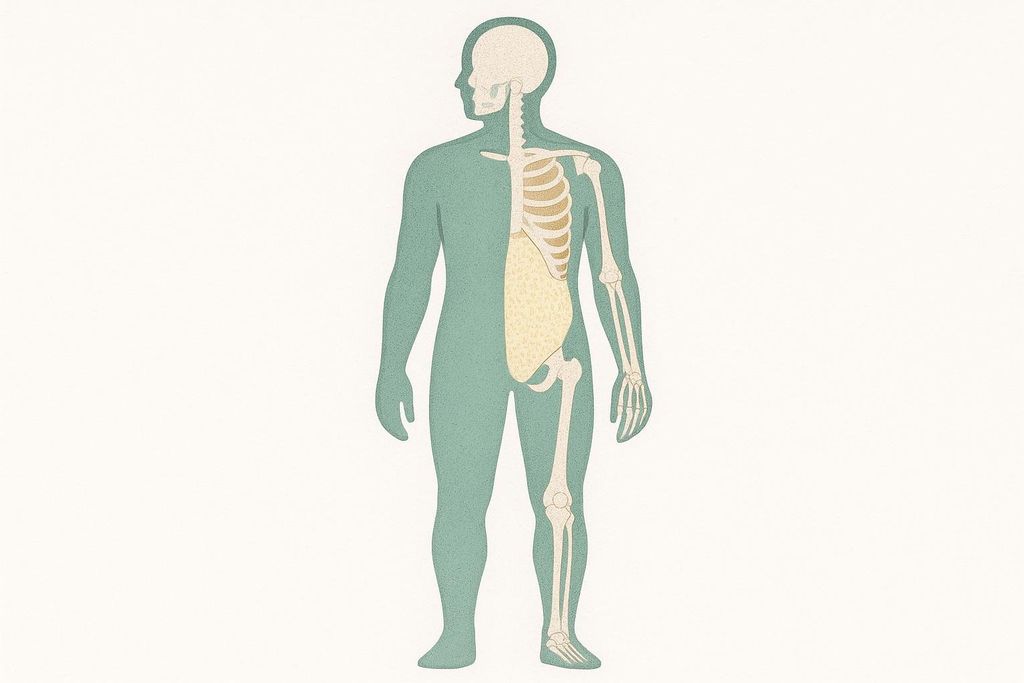 A stylized graphic of a human body, cut vertically in half, with one side showing the outer body contour in teal and the other side revealing an internal skeletal structure in cream and bones in light brown, along with a textured cream area for fat or other tissue.