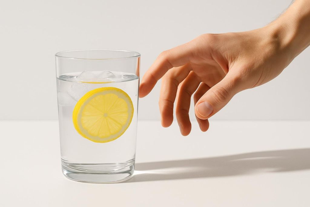 A close-up shot of a hand reaching for a clear glass of water filled with ice and a slice of lemon against a stark white background.