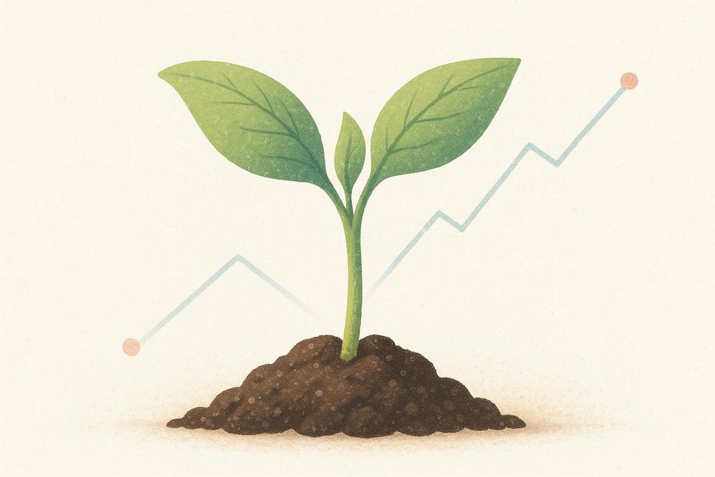 An illustration of a green seedling growing from a mound of soil, with an upward-trending line graph in the background, symbolizing progress or positive trends.