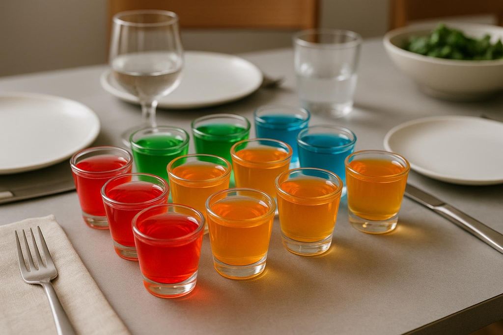 A close-up view of multiple colorful gelatin shots in small clear glasses arranged on a gray table. There are red, orange, green, and blue gelatin shots, with a white plate, glass of water, and cutlery visible in the background, suggesting a party or meal setting.