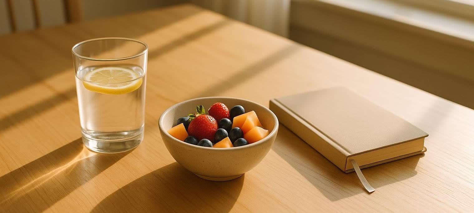 A glass of lemon water, a bowl of mixed fresh fruit (strawberries, blueberries, cantaloupe), and a journal with a bookmark lying on a light wooden table, illuminated by sunlight.