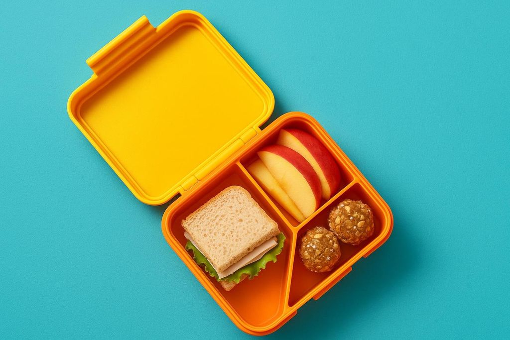 An open kids' bento box, bright orange and yellow, containing a sandwich on whole wheat bread with lettuce and cheese, red apple slices, and two energy bites, all set against a teal background.