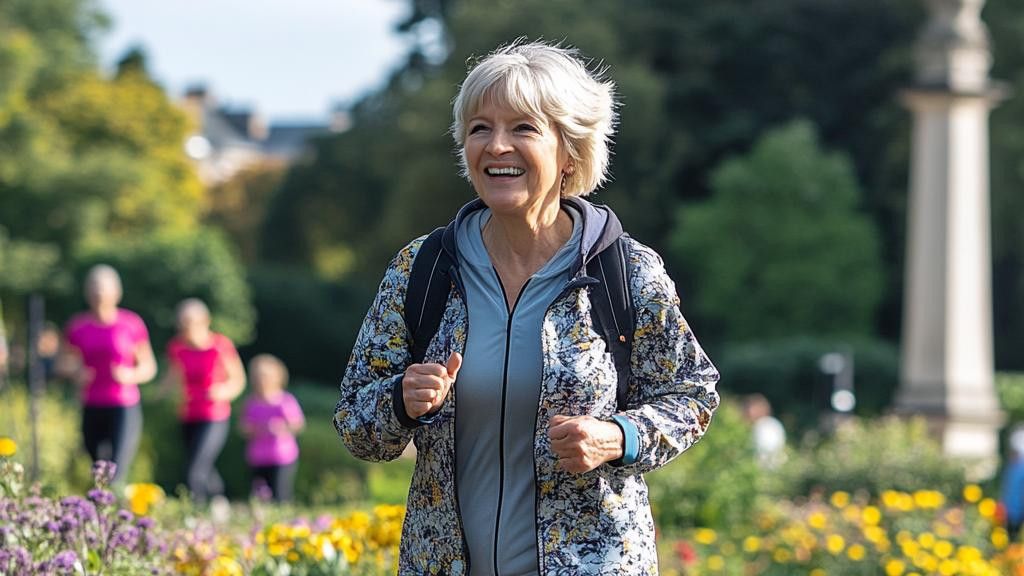 A smiling older woman with short white hair runs in a park wearing a floral jacket and backpack. Other people are running in the background.