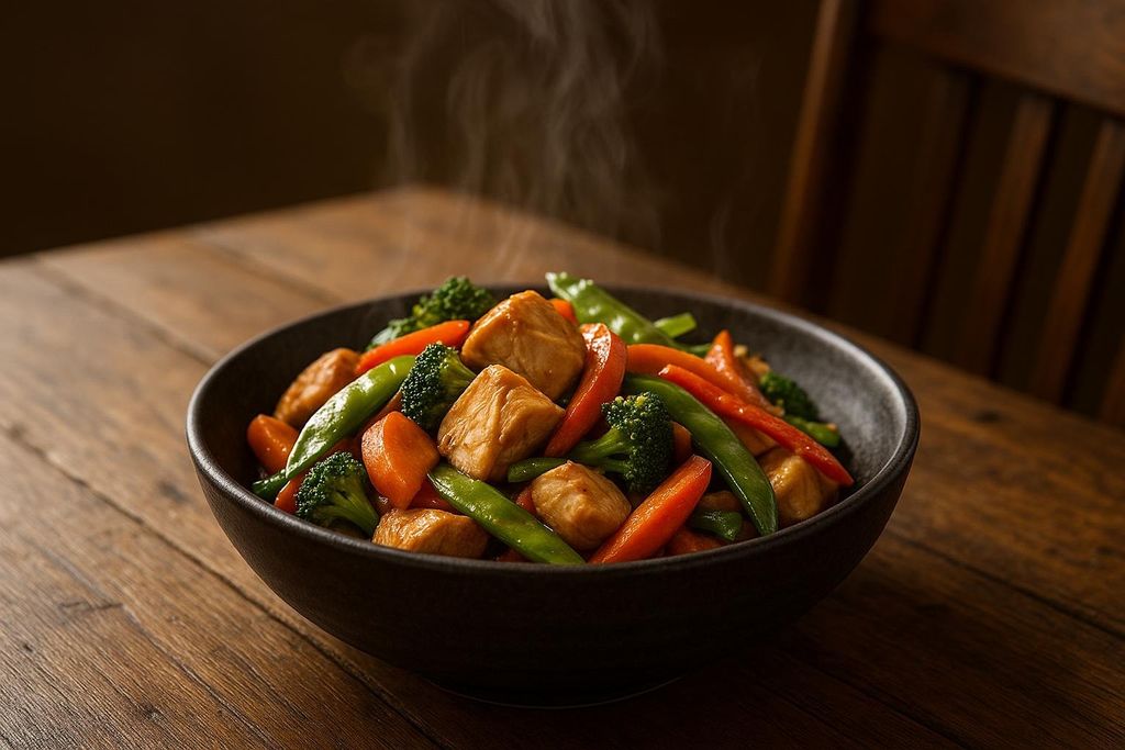 A close-up view of a steaming bowl of chicken and vegetable stir-fry, featuring broccoli florets, sliced carrots, snow peas, and chunks of chicken. The bowl sits on a rustic wooden table.