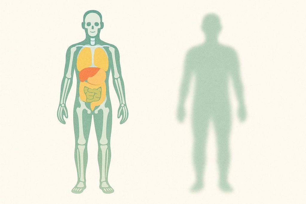 An illustration comparing a detailed view of a human body showing bones and organs (like a DEXA scan) on the left, with an indistinguishable silhouette on the right, representing high-precision versus lower-precision body composition analysis.