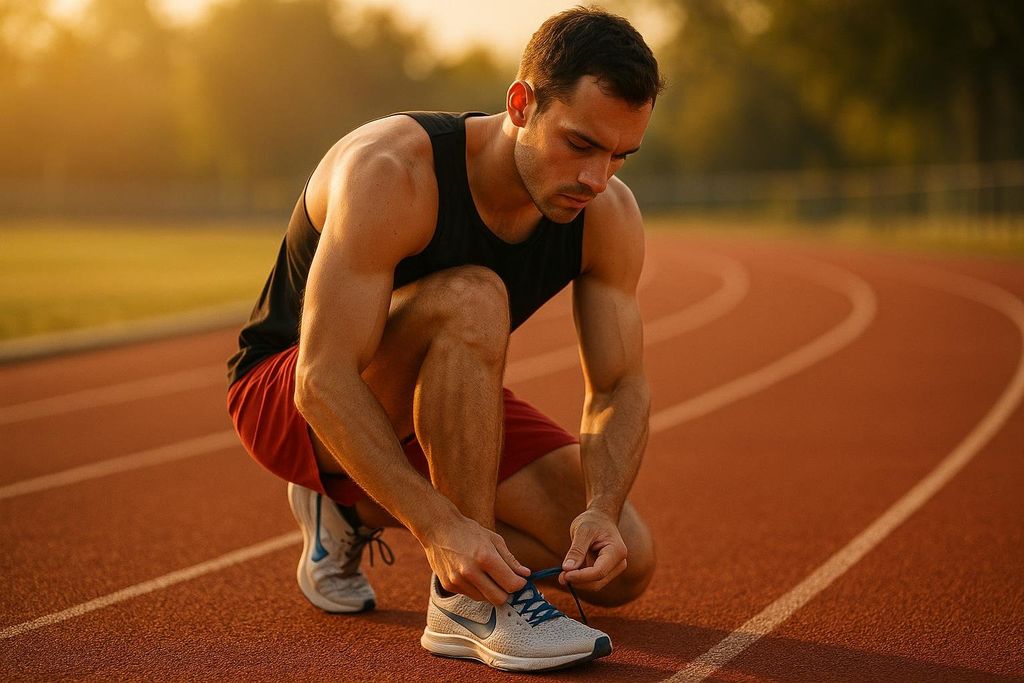 A male athlete in a black tank top and red shorts crouches on a red running track, tying the laces of his gray running shoes. The warm glow of a sunset or sunrise is visible in the background.