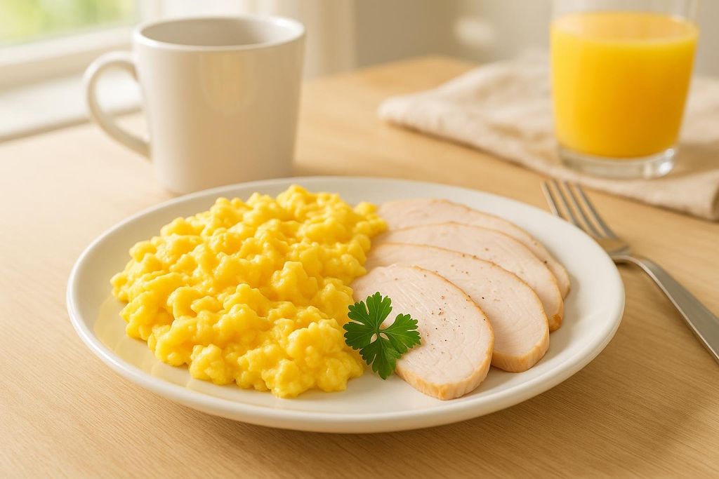 A breakfast plate with fluffy scrambled eggs, perfectly sliced chicken breast garnished with a parsley leaf, and a glass of orange juice and a white mug in the background. The meal is arranged on a light wooden table.