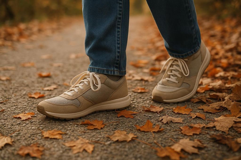 A person's feet in light-colored walking shoes on a path covered with fallen autumn leaves.