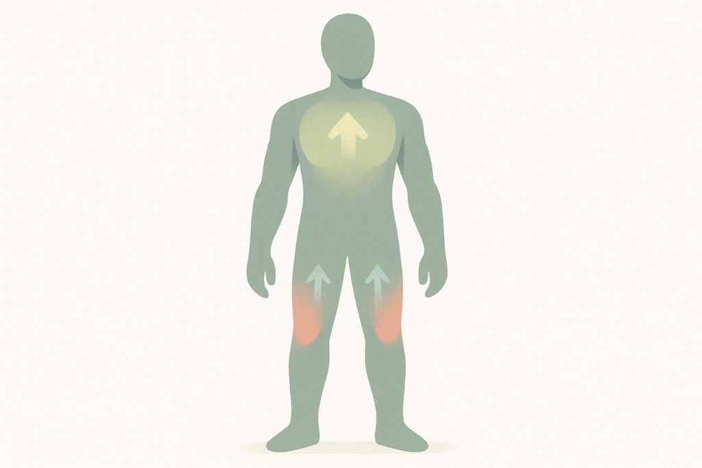 An abstract illustration of a human silhouette with a glowing yellow area in the chest and an upward arrow, and a red area in the knees with two upward pointing arrows.