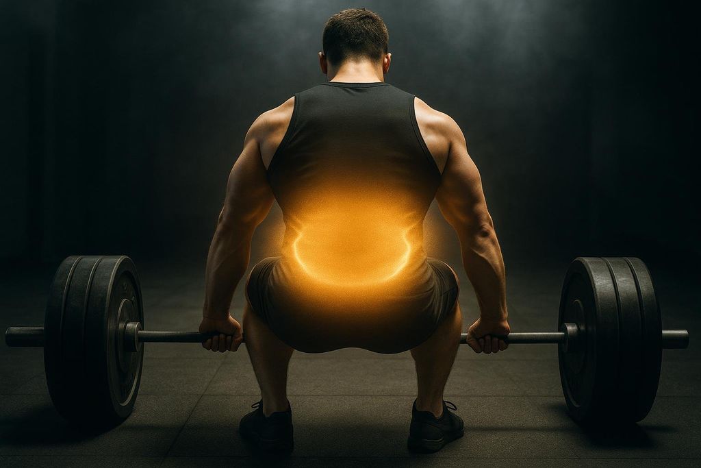 A weightlifter from behind, in a squat position, holding a barbell. Their lower back and core area are highlighted with an orange glow, indicating bracing for a deadlift.