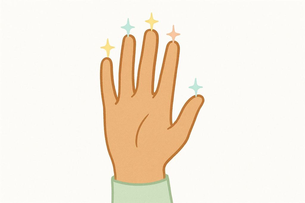 An illustration showing a hand with various colored sparkles on the tips of each finger, set against a plain light background.