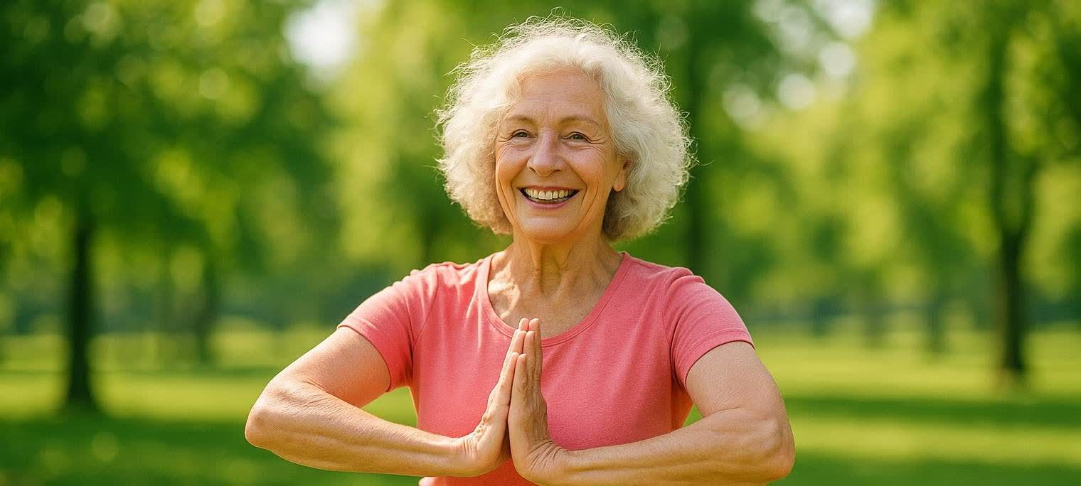 A smiling older woman with curly white hair, wearing a pink shirt, in a prayer position outdoors, with green blurred trees and grass in the background.